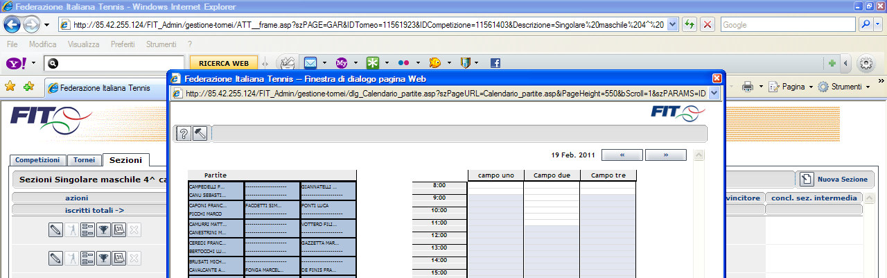 GA sezioni di gara Programma incontri Calendario: si possono programmare gli incontri sulla base degli orari dei campi predefiniti nel foglio Competizioni.