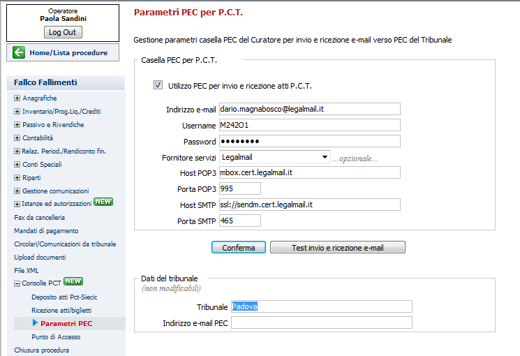 inserimento dei parametri della PEC del Curatore, Fallco consente di utilizzare