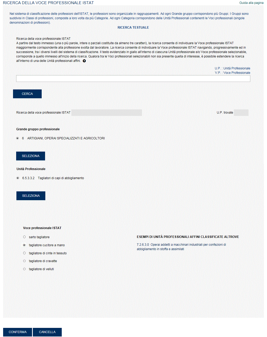 In questo caso, si avrà un nuovo elenco di Voci professionali, correlate alla Unità professionale affine scelta, tra le quali effettuare la selezione proseguendo con la conferma. Fig. 38.