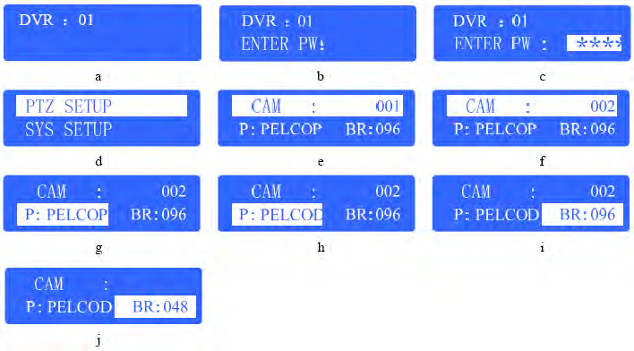CCTV Configuration illustration Here is an example to illustrate how to set PTZ: change the communication protocol of dome 002 to PELCO-D, and change the baud rate to 4800. 1.