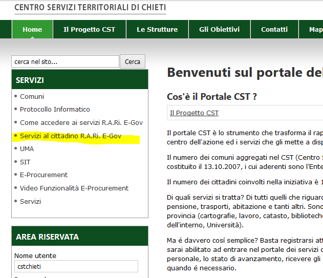 1 Richiesta Denuncia di Nascita 1.1 Accesso tramite url http://cstchieti.comnet-ra.it/ Il cittadino tramite url http://cstchieti.comnet-ra.it/ accede al portale del CST/ALI Provincia di Chieti selezionando Servizi al cittadino R.