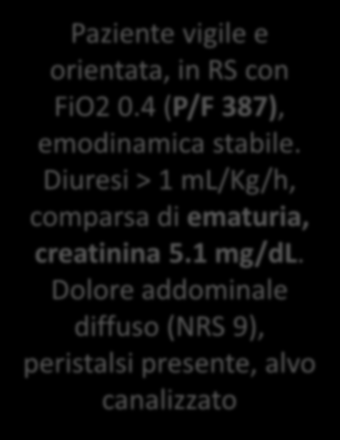 ICU day 4 22 nov 23 nov 24 nov 25 nov 26 nov 27 nov 28 nov 29 nov Paziente vigile e orientata, in RS con FiO2 0.4 (P/F 387), emodinamica stabile.