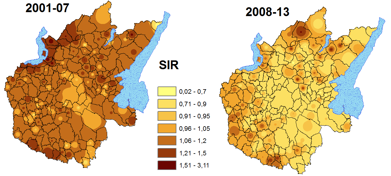 Figura 9 Rapporto osservati attesi eventi ictus tra il 2001 ed il 2013(dati su base comunale con smoothing IDW): maschi a sinistra e donne a destra Le mappe separate per due periodi (anni