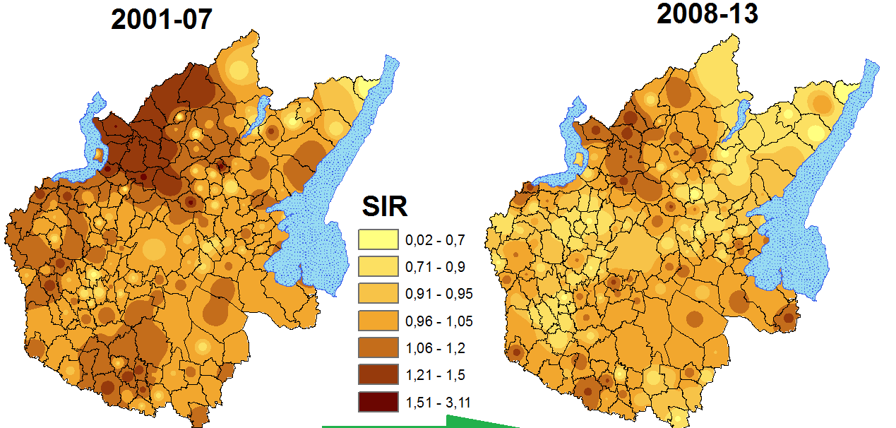 7 L analisi geografica mostrava in entrambi i sessi tassi più elevati in un area di comuni tra la Valle Trompia e il lago di Iseo ed in alcuni comuni al confine meridionale dell ASL; tassi meno
