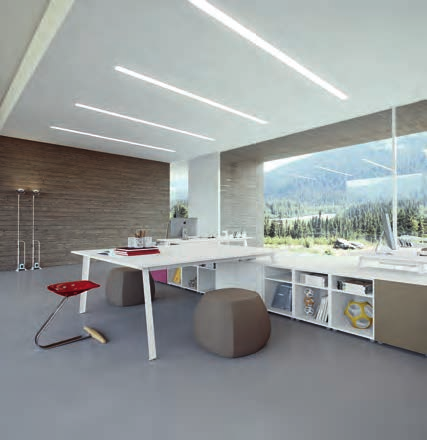 In this composition the double sided Service unit cabinets are the backbone characterizing the space