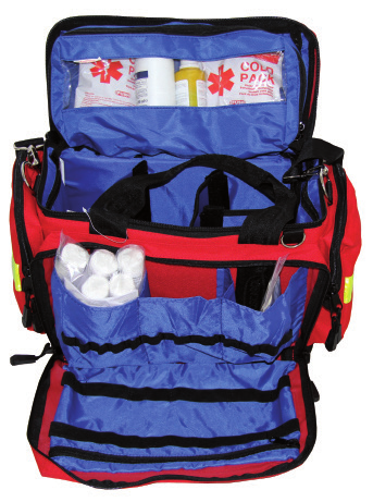 ulteriori 5 spazi modulari interni 1 borsetta interna amovibile con frontale trasparente Dimensioni: 53x33x34 cm circa Peso: 2,9 kg circa BOR89040 TRAUMA BAG 10 ROSSA VUOTA