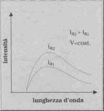 compresa sotto la curva. (b) Spettro continuo dei raggi X emesso con una d.d.p. di alimentazione costante, ma con due diversi valori di corrente anodica.