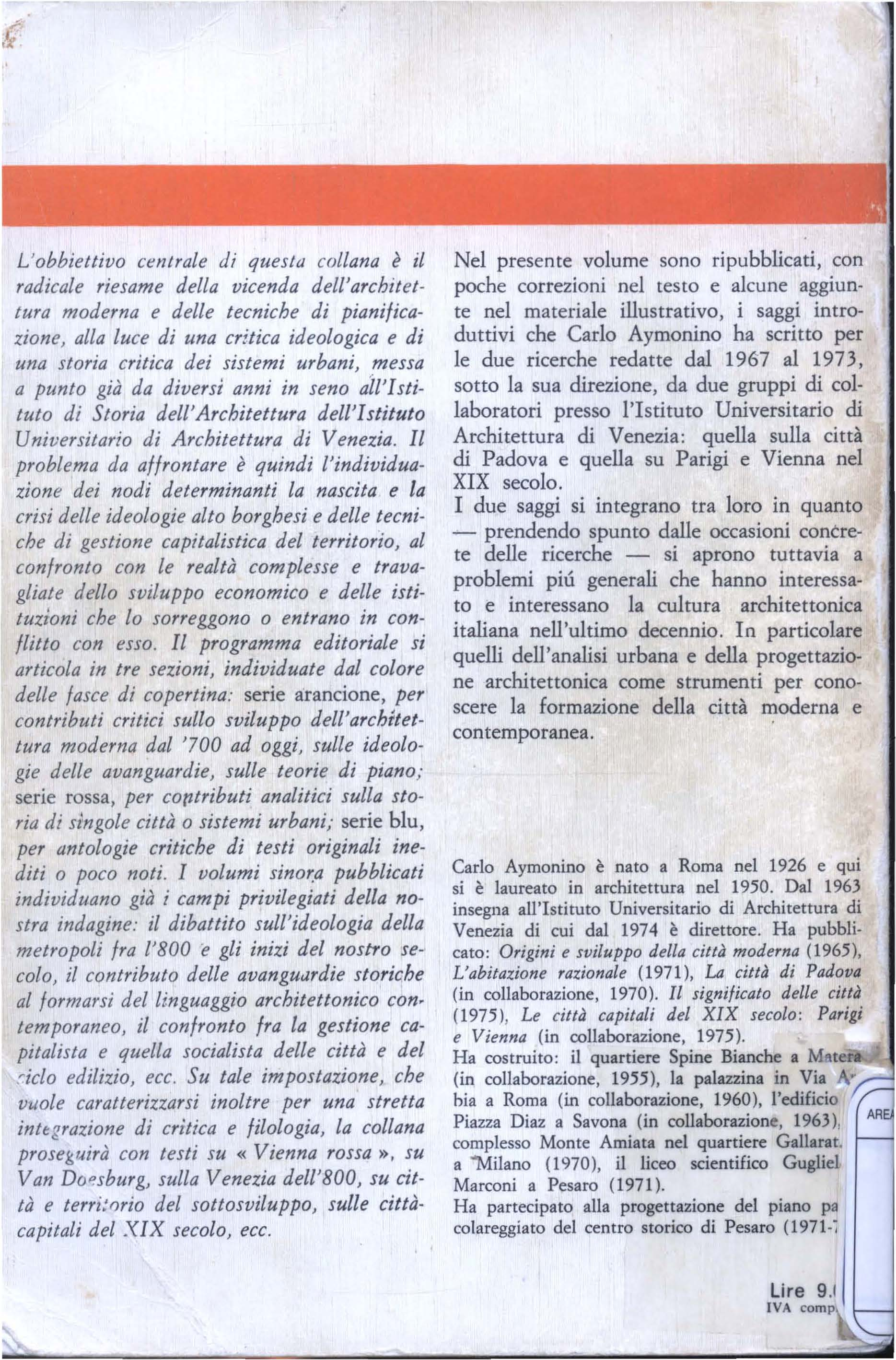 L'obbiettivo centrale di questa collana è il radicale riesame della vicenda dell' architettura moderna e delle tecniche di pianificazione, alla luce di una critica ideologica e di una storia critica