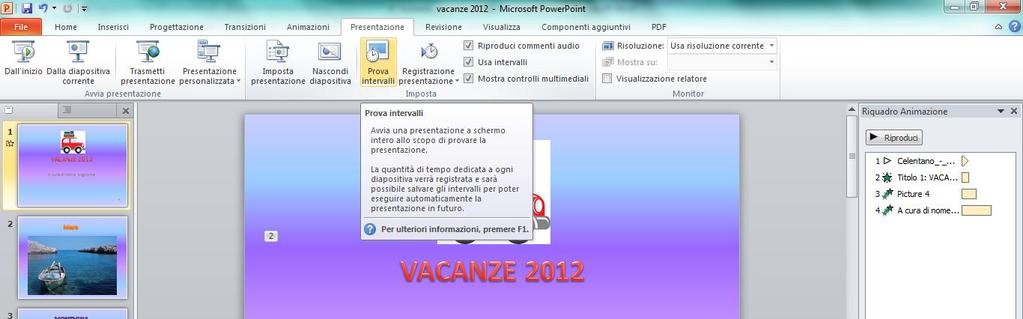 Prova intervalli La prova intervalli si deve fare al termine di tutto il lavoro in modo che la presentazione scorra permettendo al lettore