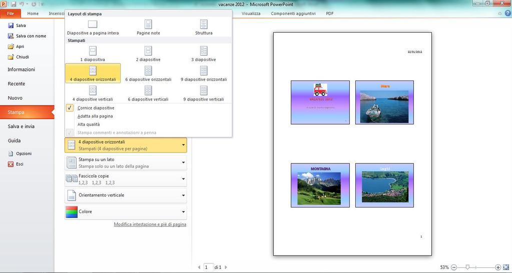 Scegli anziché Diapositive a pagina intera scegli 4 diapositive