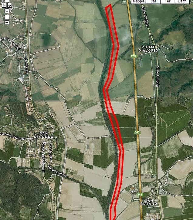 La mappa nr. 3 indica il percorso mancante lungo il fiume. mappa nr. 3 - in rosso, tratto in cui il percorso ciclabile si interrompe ed è necessario proseguire su pericolosa strada asfaltata (S.