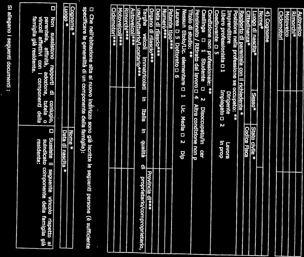 Autovelcoii*** Rlmorchl*** Posizione nella professione se occupato: ** Raporto di parentela con il richiedente * Clttadlnanza* Codice Flscale* Luogo di nascita* I Sesso Stato civile ** 4) Cognome