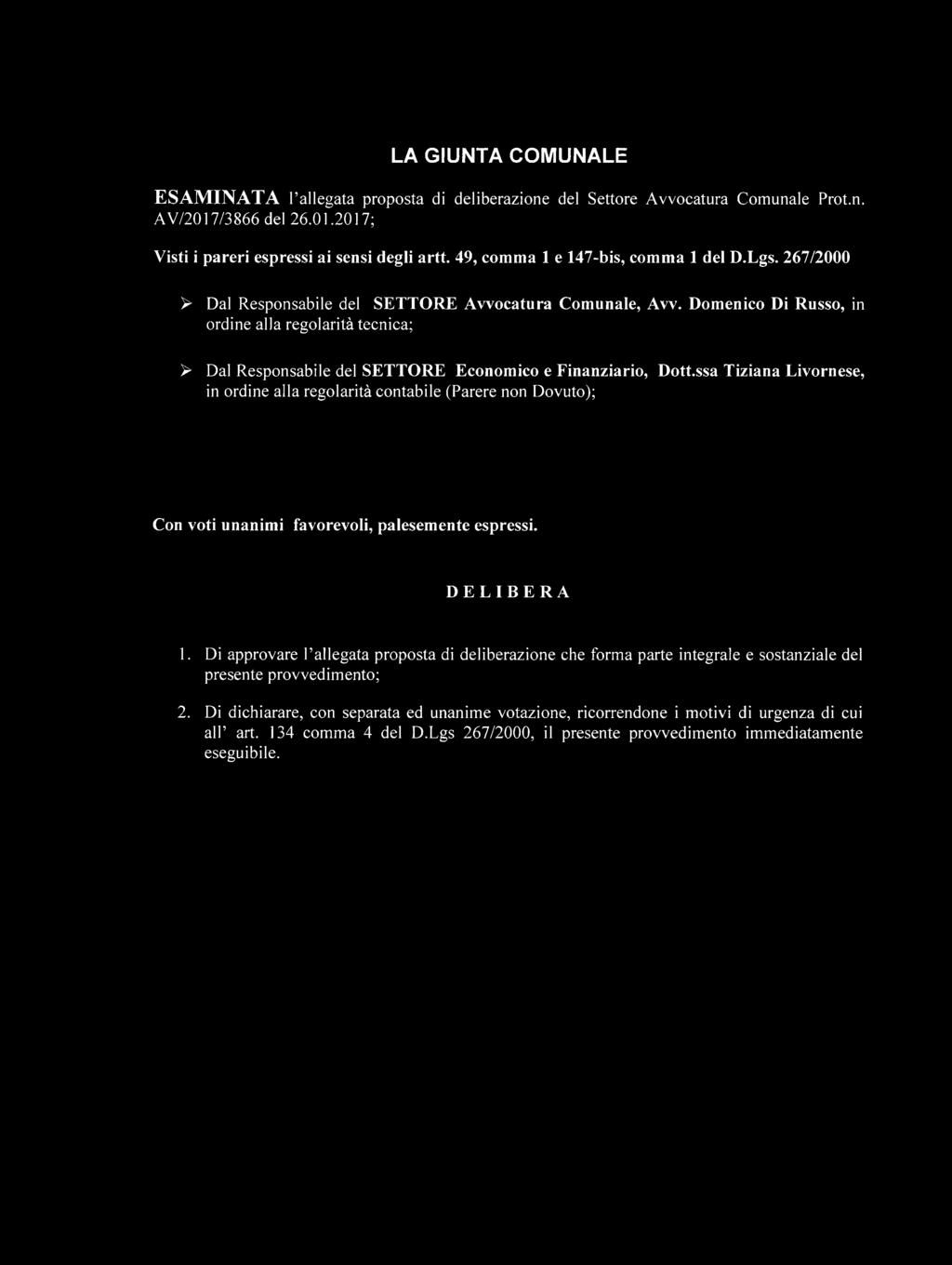 Domenico Di Russo, in ordine alla regolarità tecnica; > Dal Responsabile del SETTORE Economico e Finanziario, Dott.