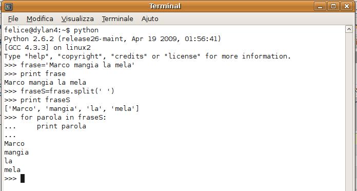 Python: le stringhe Il metodo split() e le stringhe: Il metodo split(delimitatore) divide