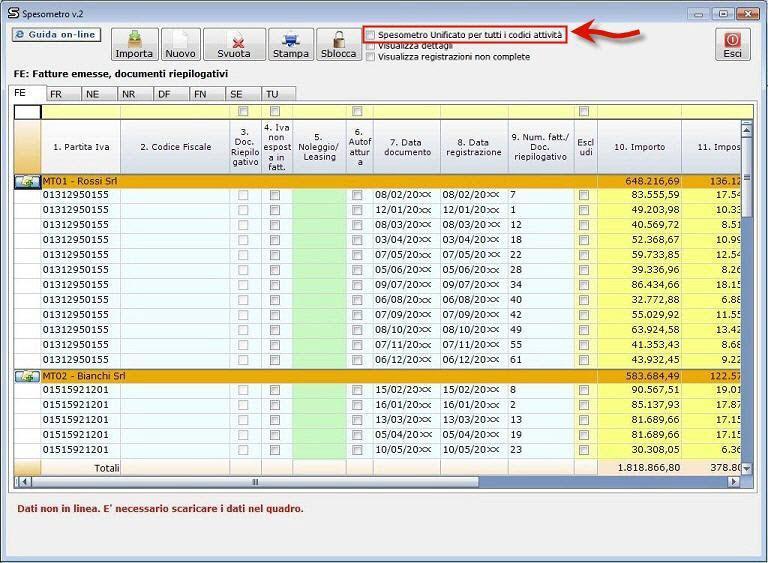 1.10 Scarica sul quadro Il tasto permette di riportare le registrazioni presenti nella gestione spesometro direttamente nel modello ministeriale.