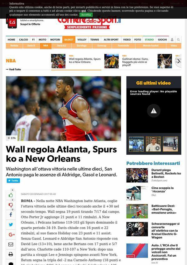 28 gennaio 2017 corrieredellosport.it Wall regola Atlanta, Spurs ko a New Orleans Washington all' ottava vittoria nelle ultime dieci, San Antonio paga le assenze di Aldridge, Gasol e Leonard.