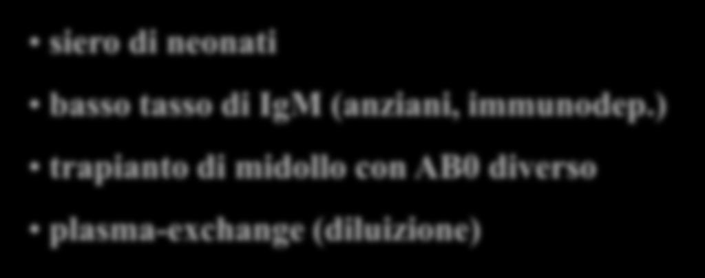 ) trapianto di midollo con AB0 diverso plasma-exchange (diluizione) Falsi positivi errata