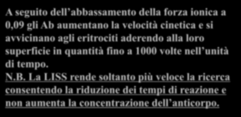 A seguito dell abbassamento della forza ionica a 0,09 gli Ab aumentano la velocità cinetica e si avvicinano agli eritrociti aderendo alla loro superficie in quantità fino a