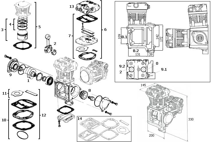 Compressore 3000.025.200 CD 148 MAN MOTORE D2566 D2866 MAN 51.54000.7055 Corpo in ghisa Pistone 90 mm Velocità max /min 0 Air in M26 X 1.5 2 Air out M26 X 1.5 Corsa 46 mm Pressione max bar 8.