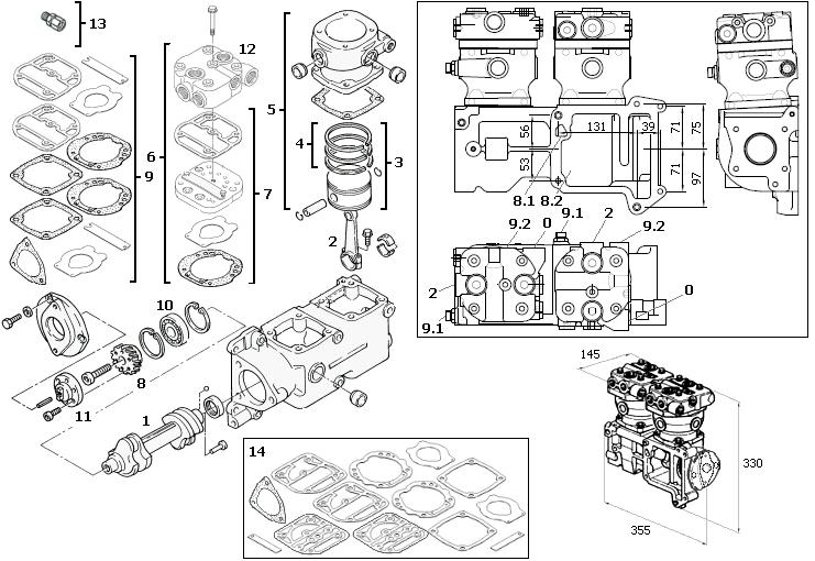 Compressore 5800.025.250 CD 166 MAN D 2866 LUH 22 MAN 51.54000.7127 Attacco pompa anteriore e post. Pistone 90 mm Velocità max 2600 /min 0 Air in M26 X 1.5 2 Air out M26 X 1.