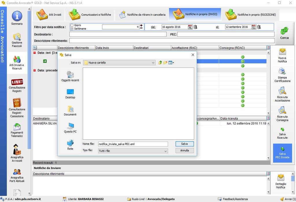Page 25 of 35 Figura 26 Salvataggio PEC Inviata Il file verrà salvato col nome del titolo scelto per l invio della notifica.