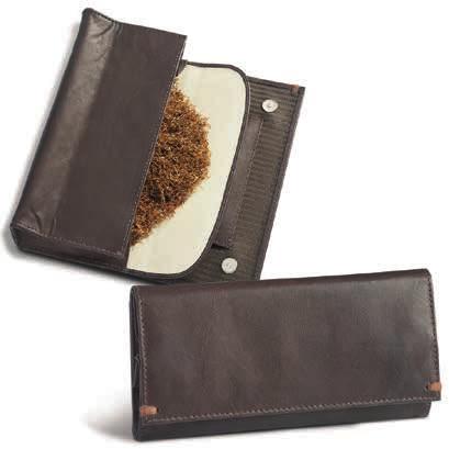 Busta porta tabacco in pelle con inserti in tessuto gessato e cuciture sui bordi. Interno in lattice e tasca porta cartine.