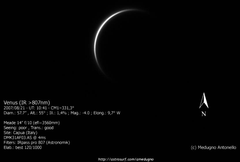 5 Figura 1. Una sottile falce di Venere ripresa nell IR il 21 agosto 2007 da Medugno, 3 giorni dopo la congiunzione inferiore, con il pianeta a soli 9.7 dal Sole.