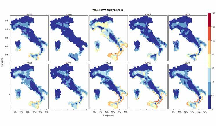 222 Notti tropicali (TR): mappe annuali dal 2001 al