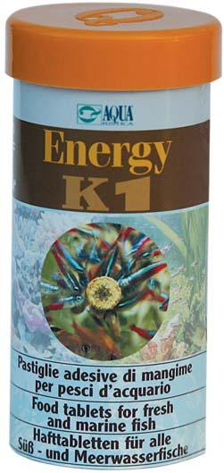 Energy K1 Tra le diverse forme di mangime, quella in pastiglia adesiva offre il vantaggio di richiamare i pesci sul fronte dell acquario per il tempo sufficiente a controllarne il grado di salute.