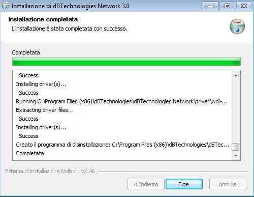Al termine dell installazione, se tutto è andato a buon fine, appare la seguente finestra che indica il completamento della installazione