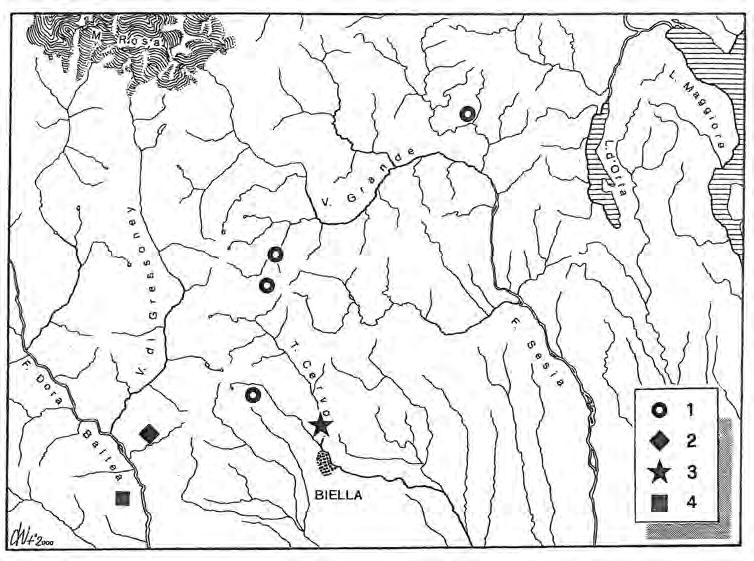 Due nuovi Coleotteri ipogei delle Alpi occidentali Fig. 29 - Carta di distribuzione delle specie del genere Archeoboldoria. 1: A. doderona Jeannel; 2: A. lanai Giachino & Vailati; 3: A.