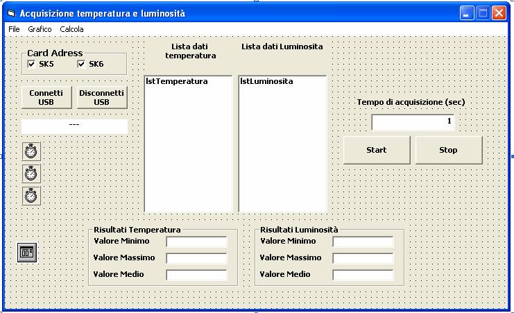 SOFTWARE IN VISUAL BASIC 6 Il software acquisisce ad intervalli regolari i valori della temperatura ed della luminosità di un ambiente, calcola valore massimo, minimo e medio e riporta su grafico l