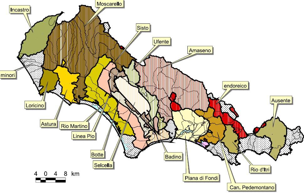 4.2 - Relazione sullo stato delle zone umide costiere 5 Fig. 3 Sistema dei bacini idrografici della provincia di Latina, Gazzetti et al., 2010.
