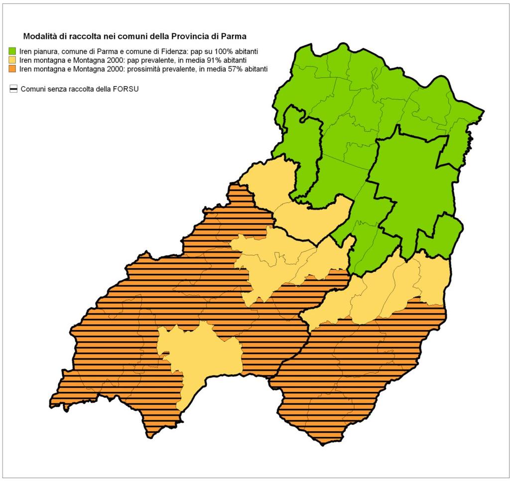 Provincia di Parma Pagina 37 di 88 La seguente cartina mostra poi l estensione dei diversi modelli di raccolta nella provincia, con il porta a porta che interessa pressoché integralmente l area di