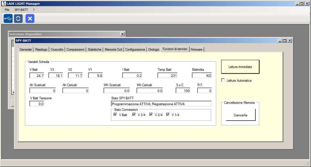 Selezionare il pulsante Lettura Immediata 23 OK Nella sezione Variabili Scheda vengono visualizzate le grandezze reali lette dallo SPY-BATT: Tensione V Batt, tensioni delle prese intermedie V3 V2 V1,