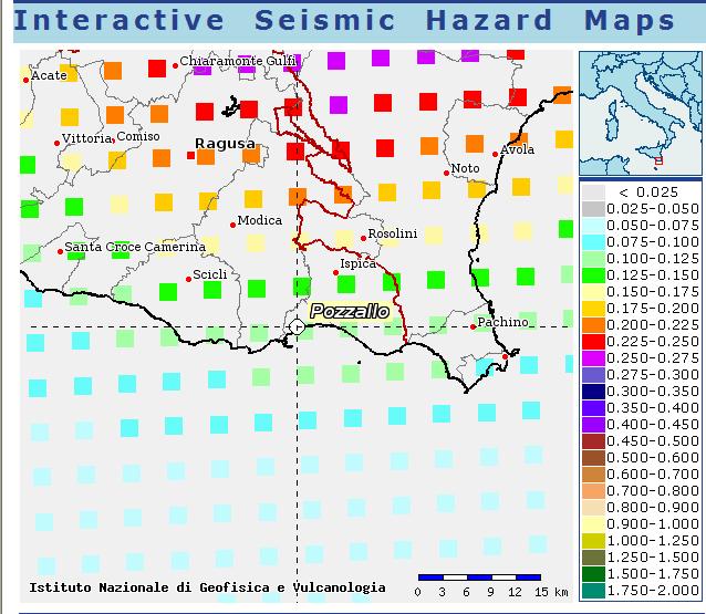 Figura 11. Mappa interattiva di pericolosità sismica per la zona di Pozzallo. MSF= 10 2.24 /M 2.