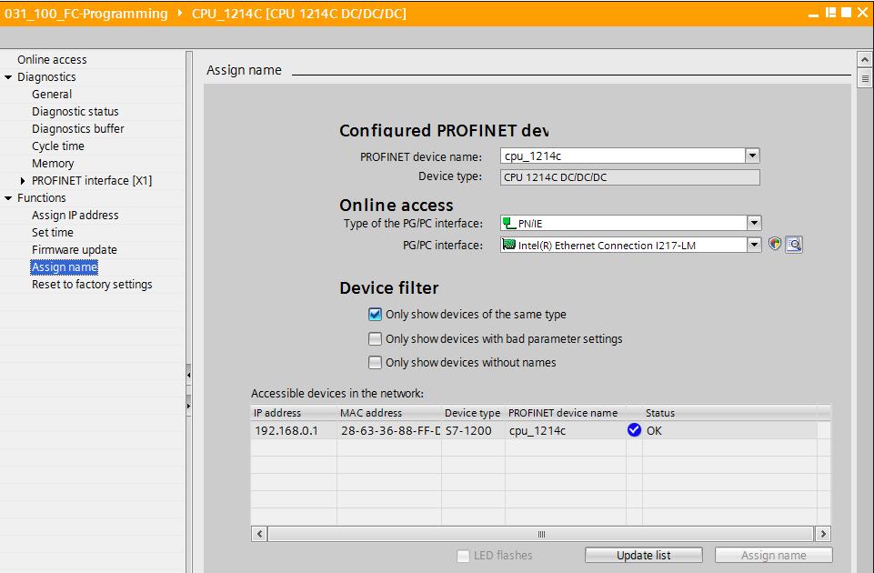 Alla voce Assign name è possibile assegnare alle apparecchiature da campo configurate in PROFINET un nome di dispositivo PROFINET.