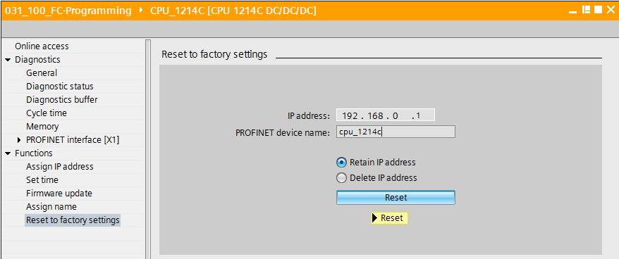 ( Funzioni Assegna nome) Alla voce Reset to factory settings è possibile resettare la CPU alle impostazioni di fabbrica.