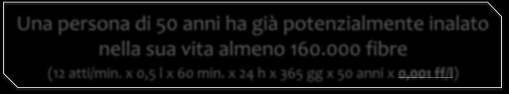 entro gli 80 anni di vita) pari a 1 caso di mesotelioma ogni 100.000 persone esposte, per esposizioni di 1 fibra/litro.