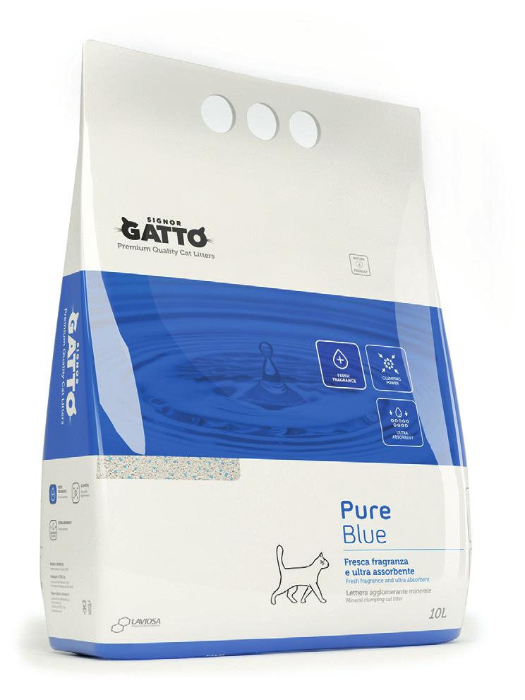 Lettiere agglomeranti bianche / White clumping cat litters Pure Blue Fresca fragranza e ultra assorbente Fresh fragrance and ultra absorbent FRESH ABSORBENT 10 L plastic bag Pcs/pallet 108