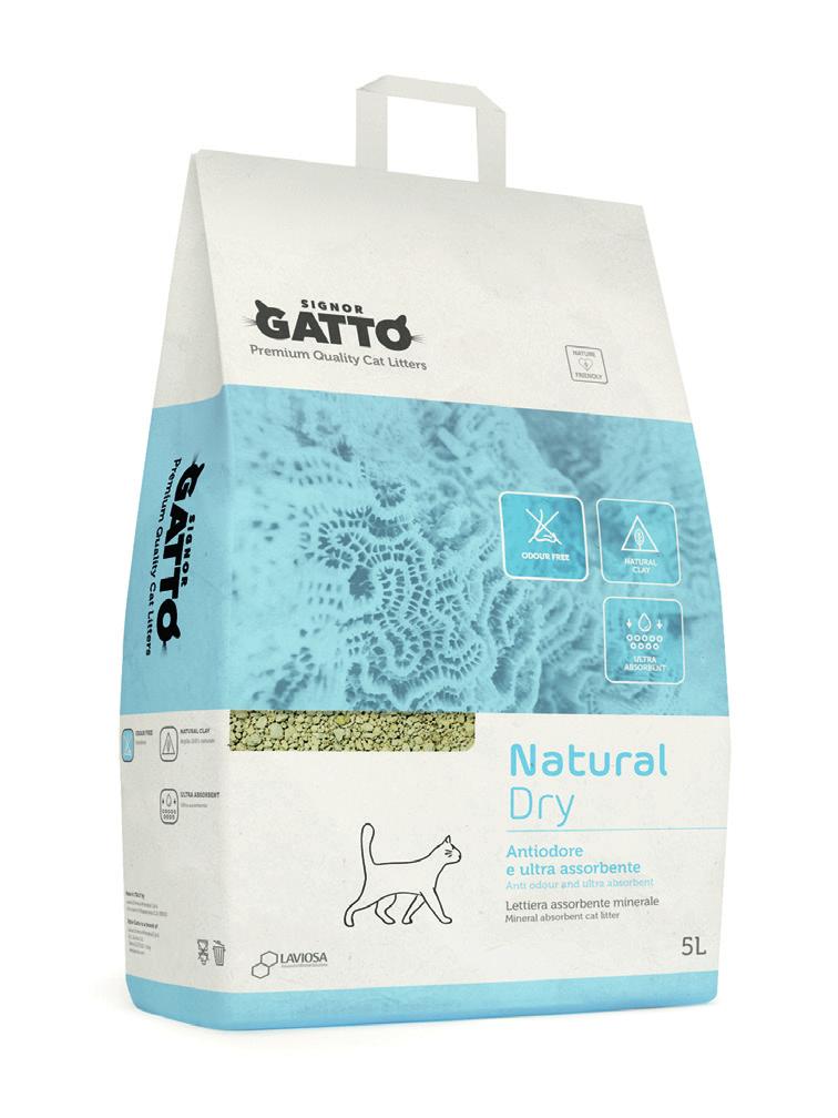 Lettiere assorbenti / Absorbent cat litters Natural Dry Antiodore e ultra assorbente Anti odour and ultra absorbent ABSORBENT 5 L paper bag Pcs/bundle 4 Pcs/pallet 240 Palletization (bundles x