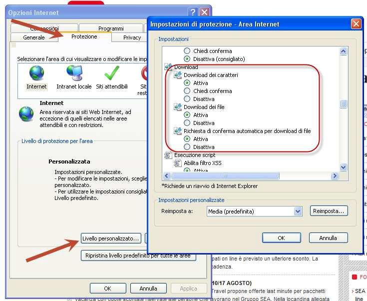 Rev.0 IMPOSTAZIONI PER IL DOWNLOAD DEI FILE Se si sta navigando con Internet Explorer assicurarsi che tutte le voci dei