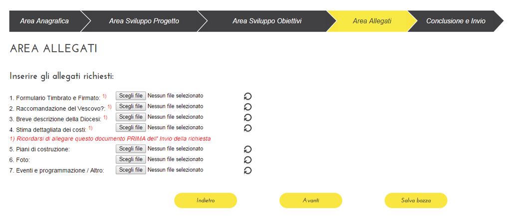 4. Allegati Per completare quest Area, è bene avere a disposizione i file richiesti obbligatoriamente: * Raccomandazione del Vescovo; * Breve descrizione