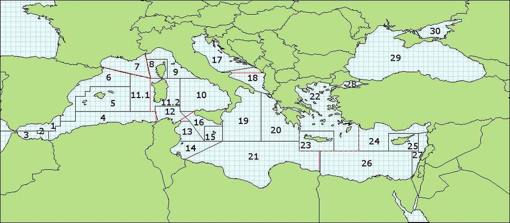 B) Mappa delle sottozone geografiche CGPM (GSA) (CGPM, 2009) 01 - Mare di Alboran settentrionale Divisione statistica della FAO (in rosso) Sottozone geografiche della CGPM (in nero) 07 - Golfo del