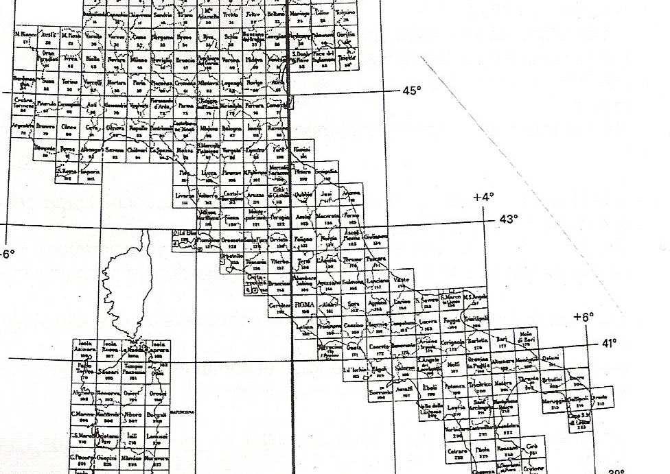 La carta ufficiale dell IGM (1:100 000, 284 fogli) fu ultimata alla fine del 1800, mentre quella in scala 1:25 000 alla fine degli anni 50 (1950) con le seguenti caratteristiche: Origine longitudini