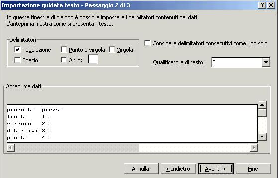 Importazione dei dati da file /4 STEP 2 (delimitati) Indicare