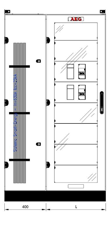 Armadi metallici Sistema sbarre universali Sistema di distribuzione CLINK fino a 1250A Combinazioni di utilizzo vano cavi L=400mm a sinistra, sbarre montate a sinistra Tipo interruttore +