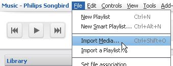 In Philips Songbird, selezionare File > Import Media selezionare le cartelle sul PC.