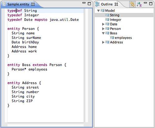 DSL e Xtext (II) grammar org.xtext.example.entity with org.eclipse.xtext.common.terminals generate entity "http://.