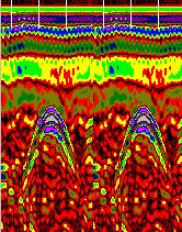 Fig.3 Tubazioni, anche di piccole dimensioni, possono essere facilmente localizzate anche se coperte da reti elettrosaldate. La figura a sinistra presenta un profilo GPR a 1500 MHz.